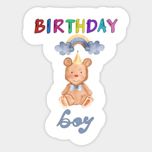 Birthday Boy Cute Teddy Bear and Rainbow Watercolor Art Sticker